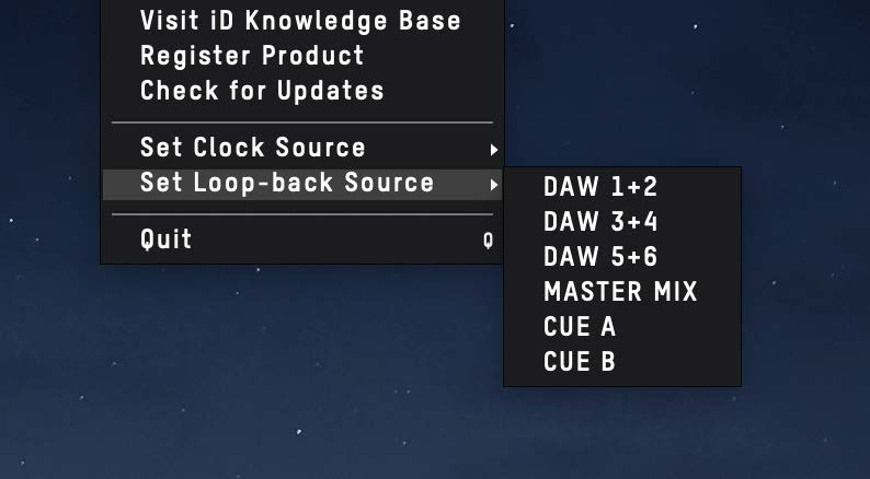 Menu sorgente loopback iD con sorgenti DAW, Master Mix e Cue disponibili