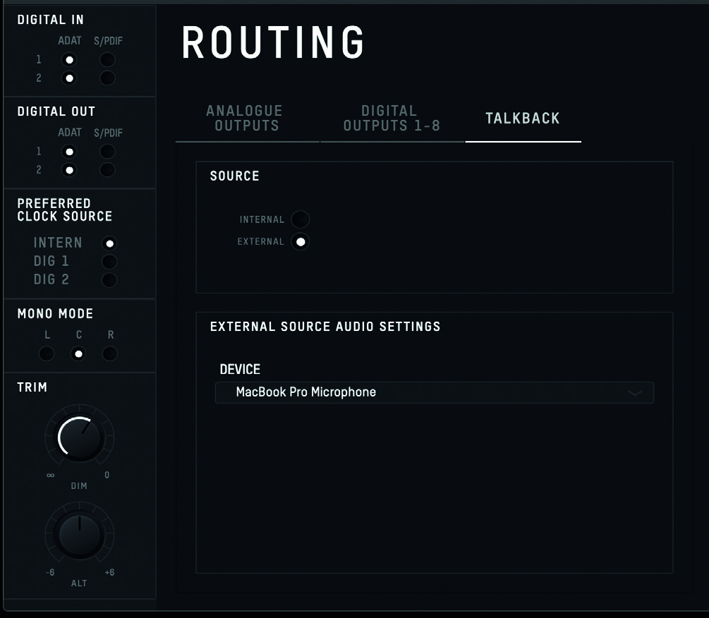 Controlli routing e sorgente Talkback di iD44 MKII
