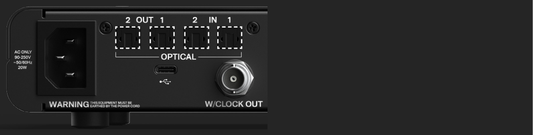 Pannello posteriore di EVO 16 con due ingressi ottici, due uscite ottiche e uscita word clock