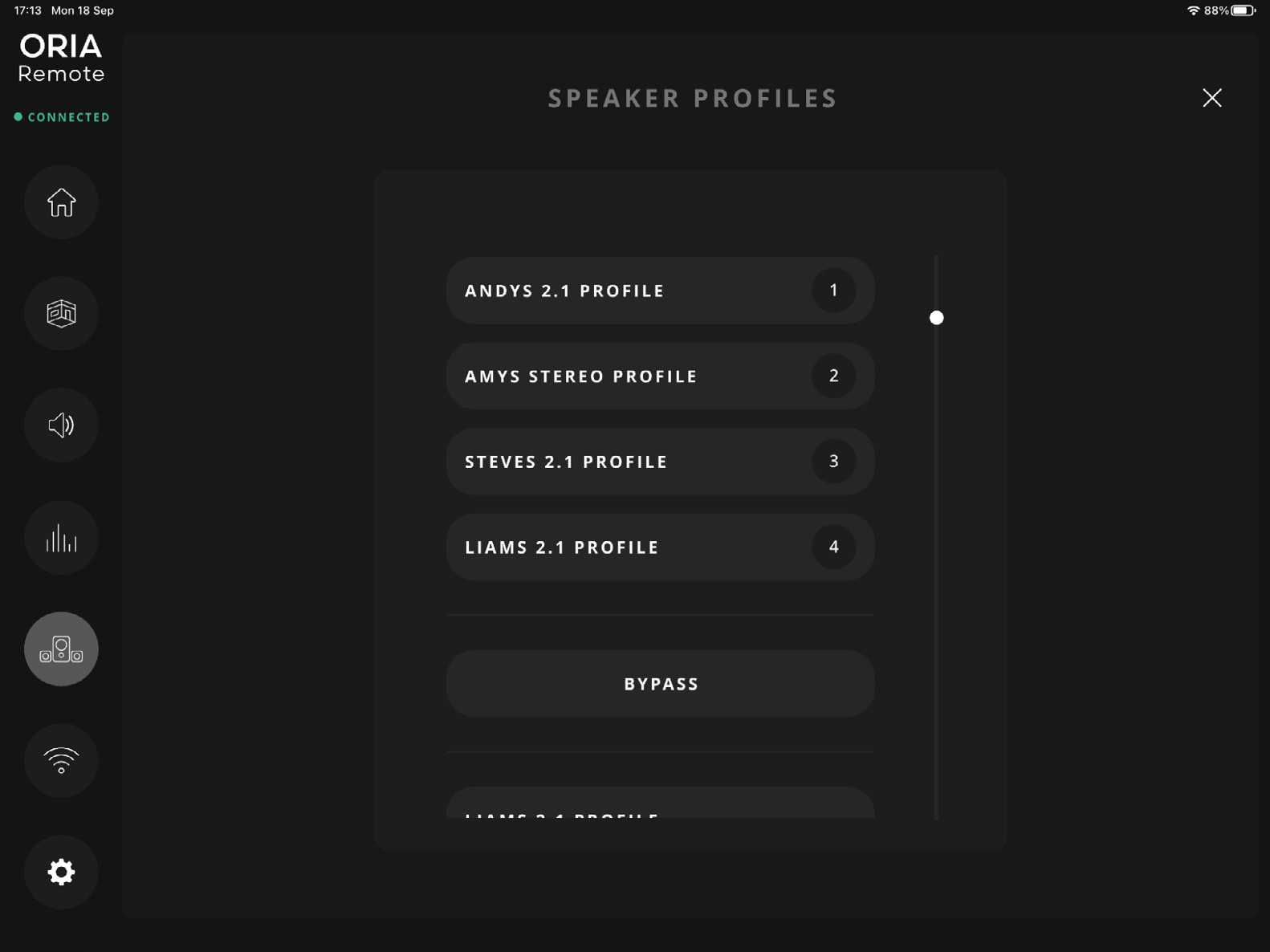 Pagina Profile Selection di ORIA Remote