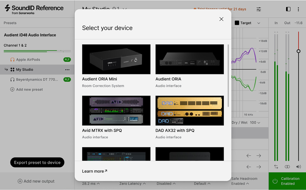 Finestra di selezione dispositivo di SoundID Reference con Audient ORIA Mini selezionato