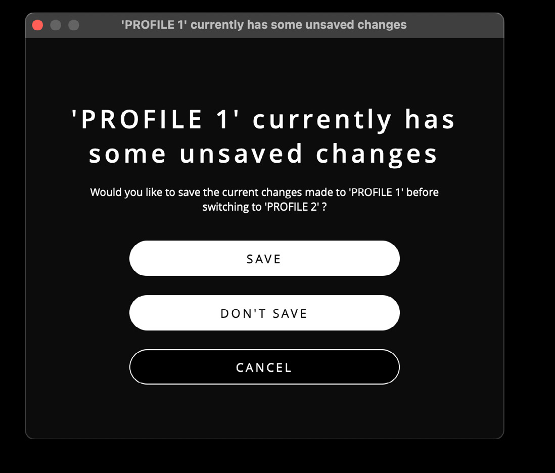 Avvertenza ORIA Control relativa a modifiche non salvate nel Profile corrente