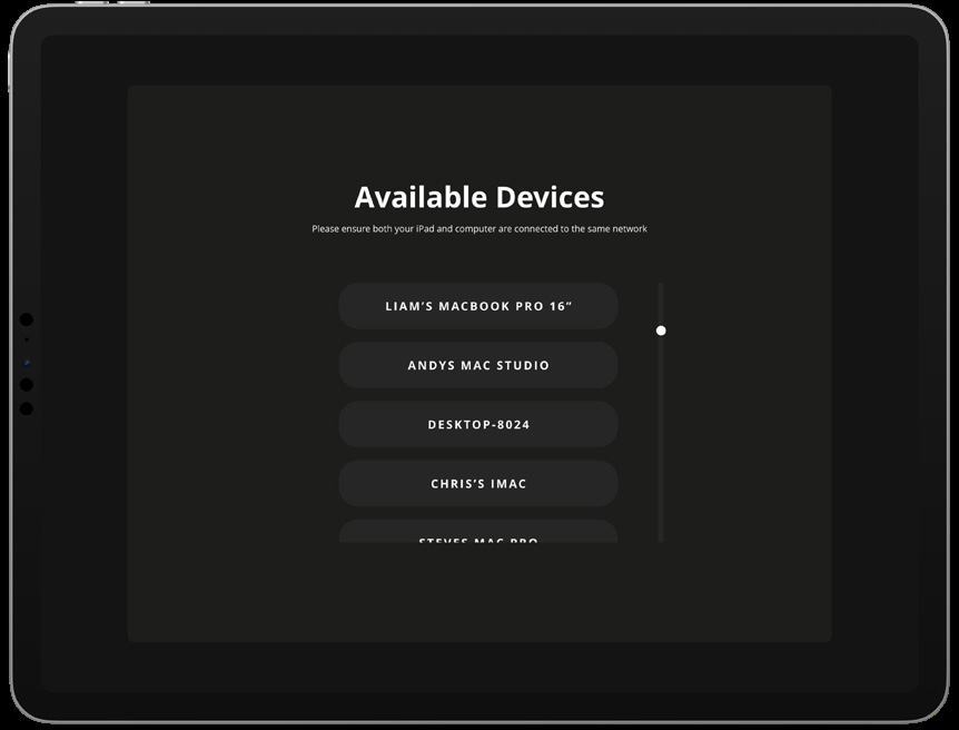 ORIA Remote Available Devices screen