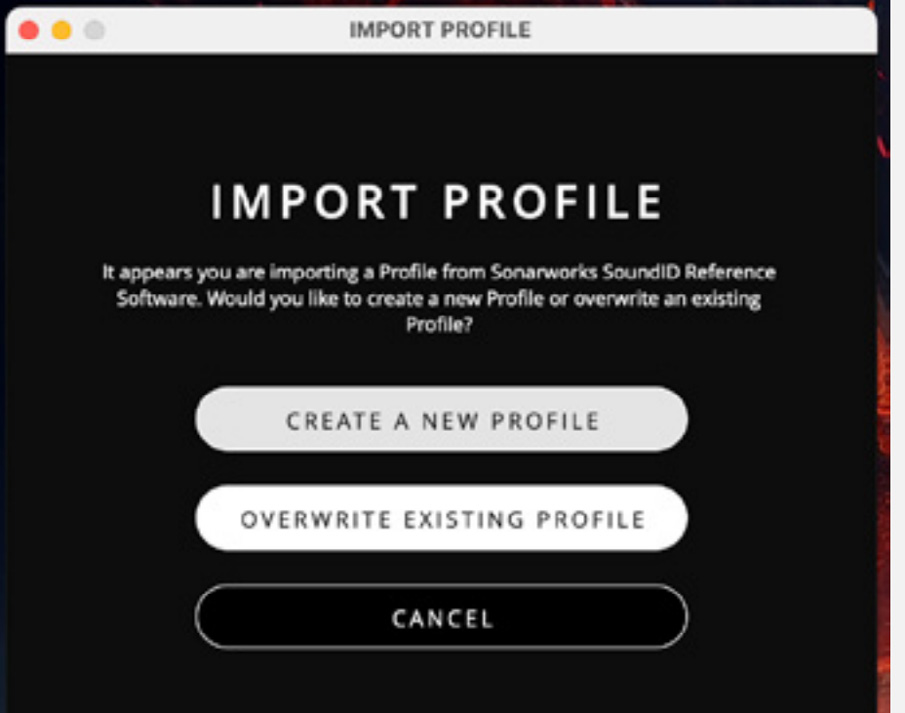 SoundID Reference のダイレクト転送後に表示される ORIA Control の Import Profile 画面