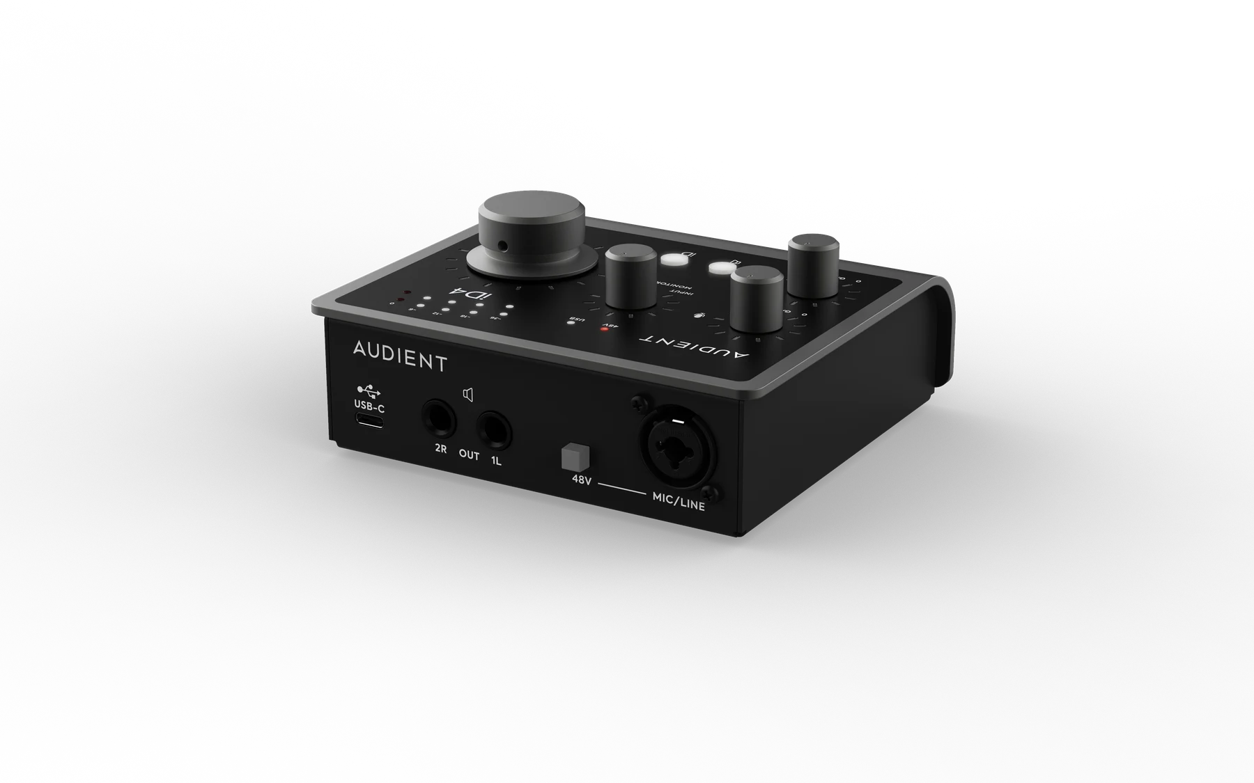 USB、スピーカー出力、ファンタム電源スイッチ、Mic/Line入力を示す Audient iD4 MKII リア3/4ビュー