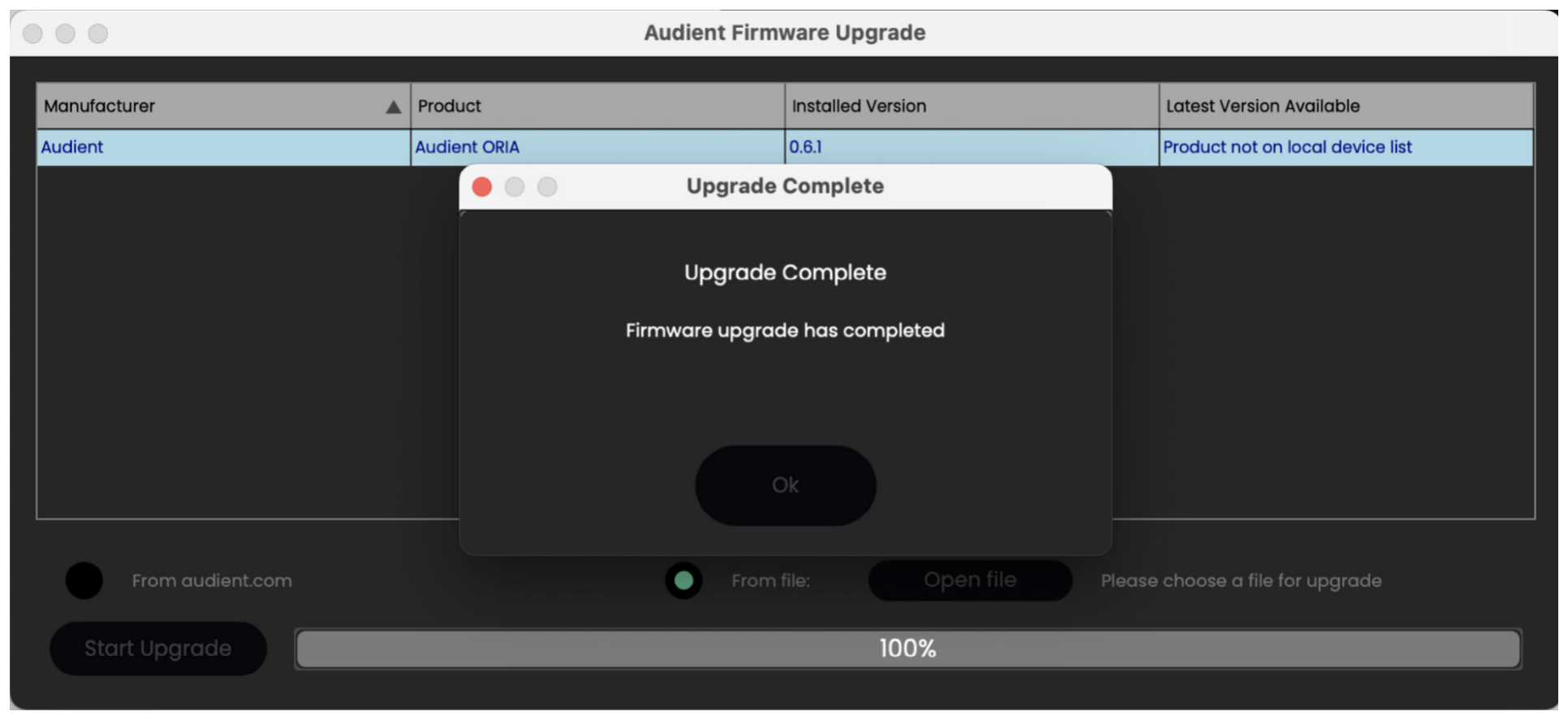 ORIA firmware update completed