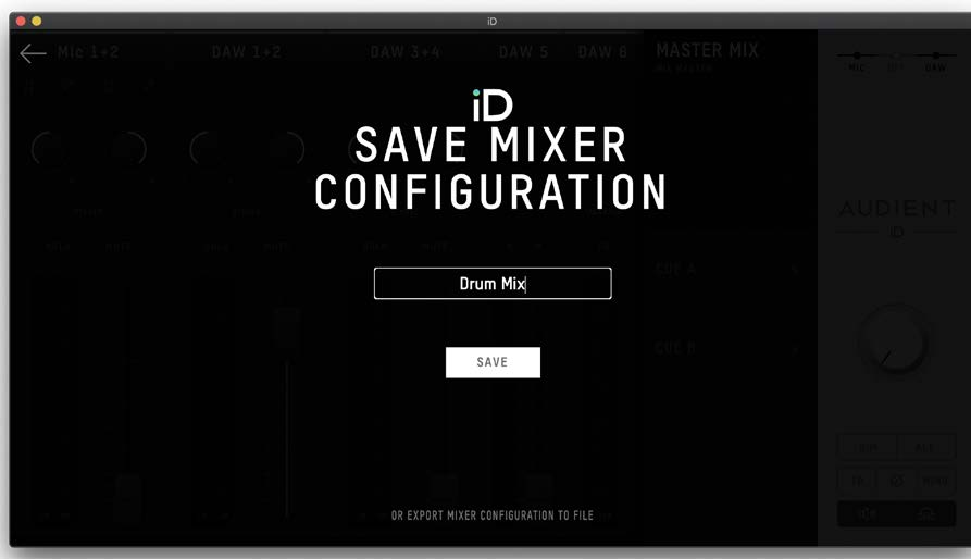 iD Mixer 設定の保存画面