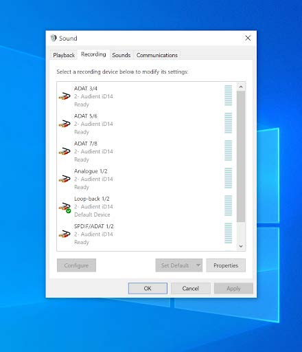 iD14 Loopback 1/2 入力を表示する Windows 録音デバイス一覧