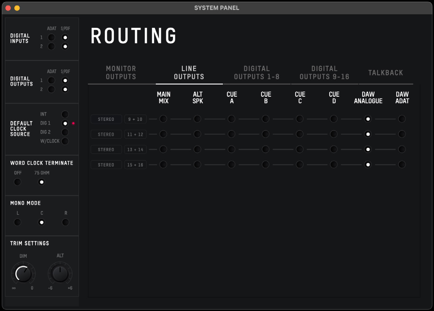 iD48 Line Outputs Routing Matrix の Main Mix、Alt、Cue、DAW Analogue、DAW ADAT