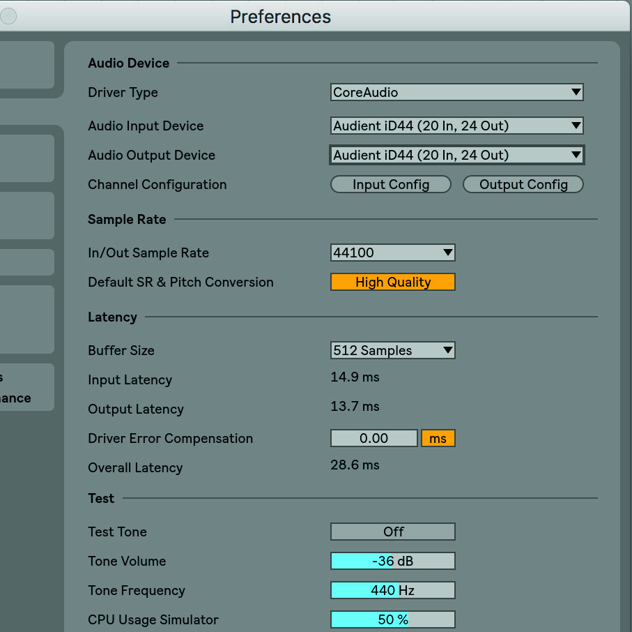 旧 Ableton Live audio preferences の例