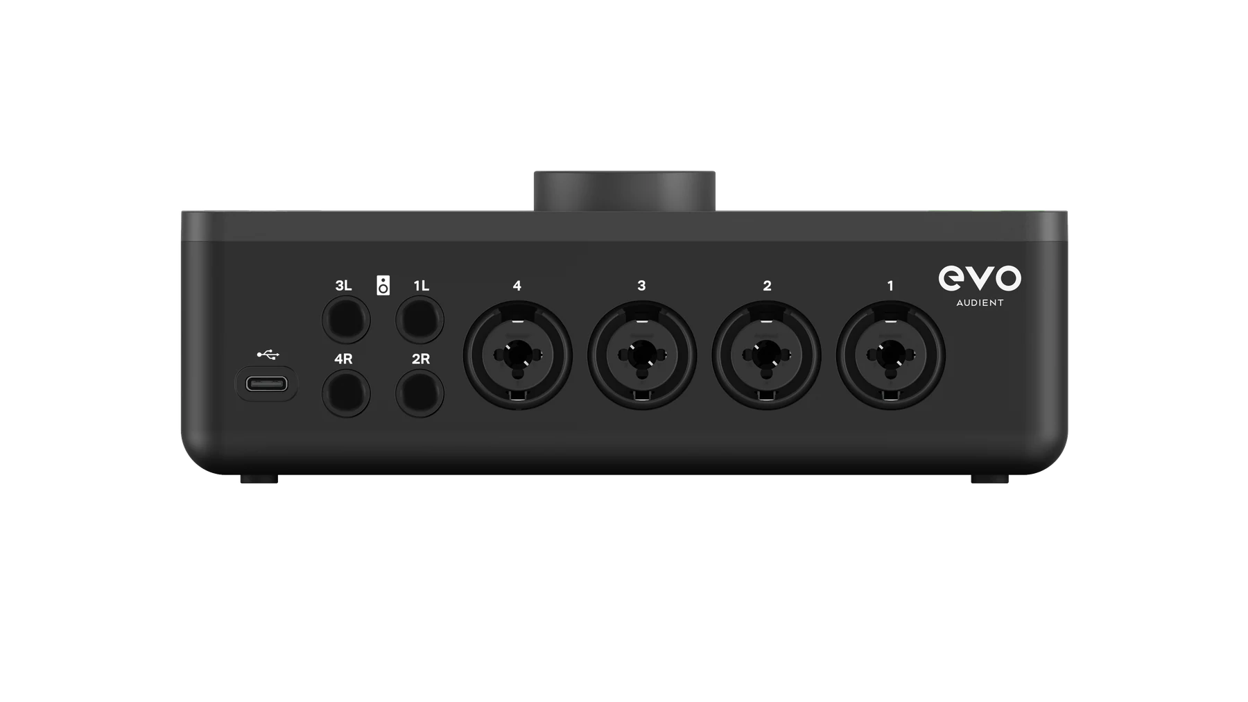 USB-C, 스피커 출력 1–4 및 마이크/라인 입력 1–4가 표시된 EVO 8 후면