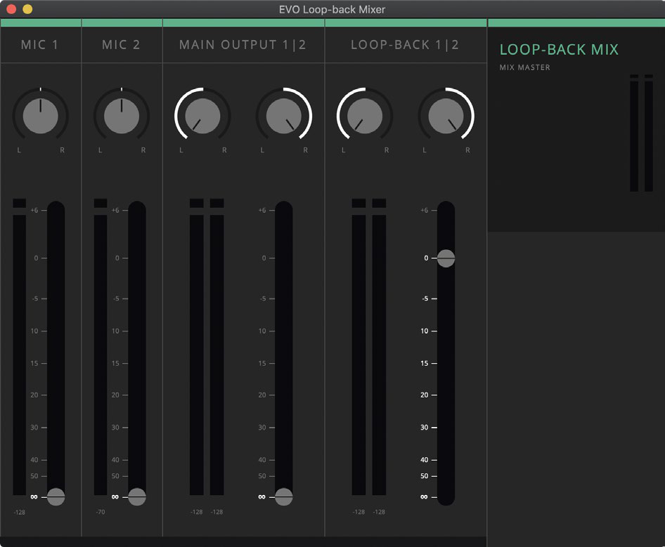 Mic 1, Mic 2, DAW 1+2 및 Loopback 1+2 채널이 표시된 EVO 4 오디오 루프백 믹서