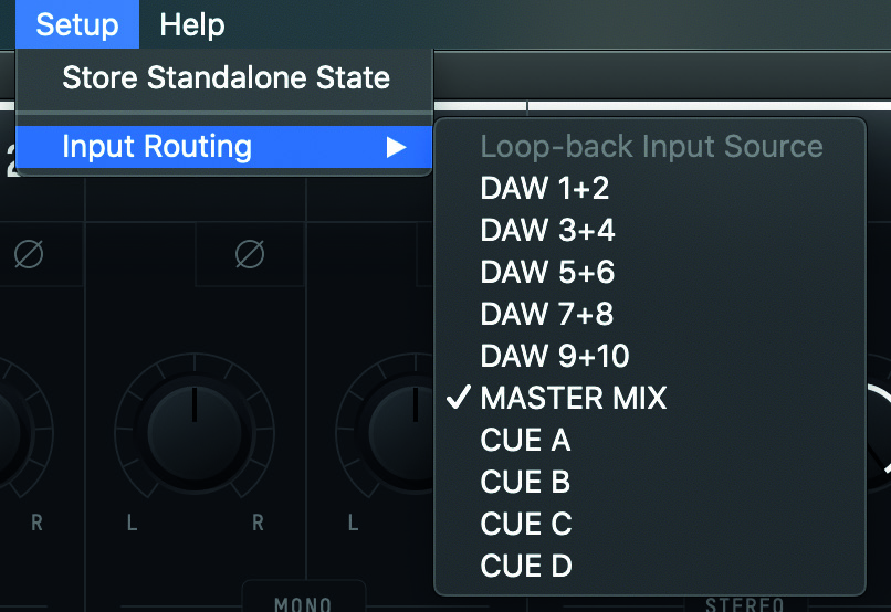 Loopback Input Source 선택 항목이 표시된 iD44 MKII Setup 메뉴