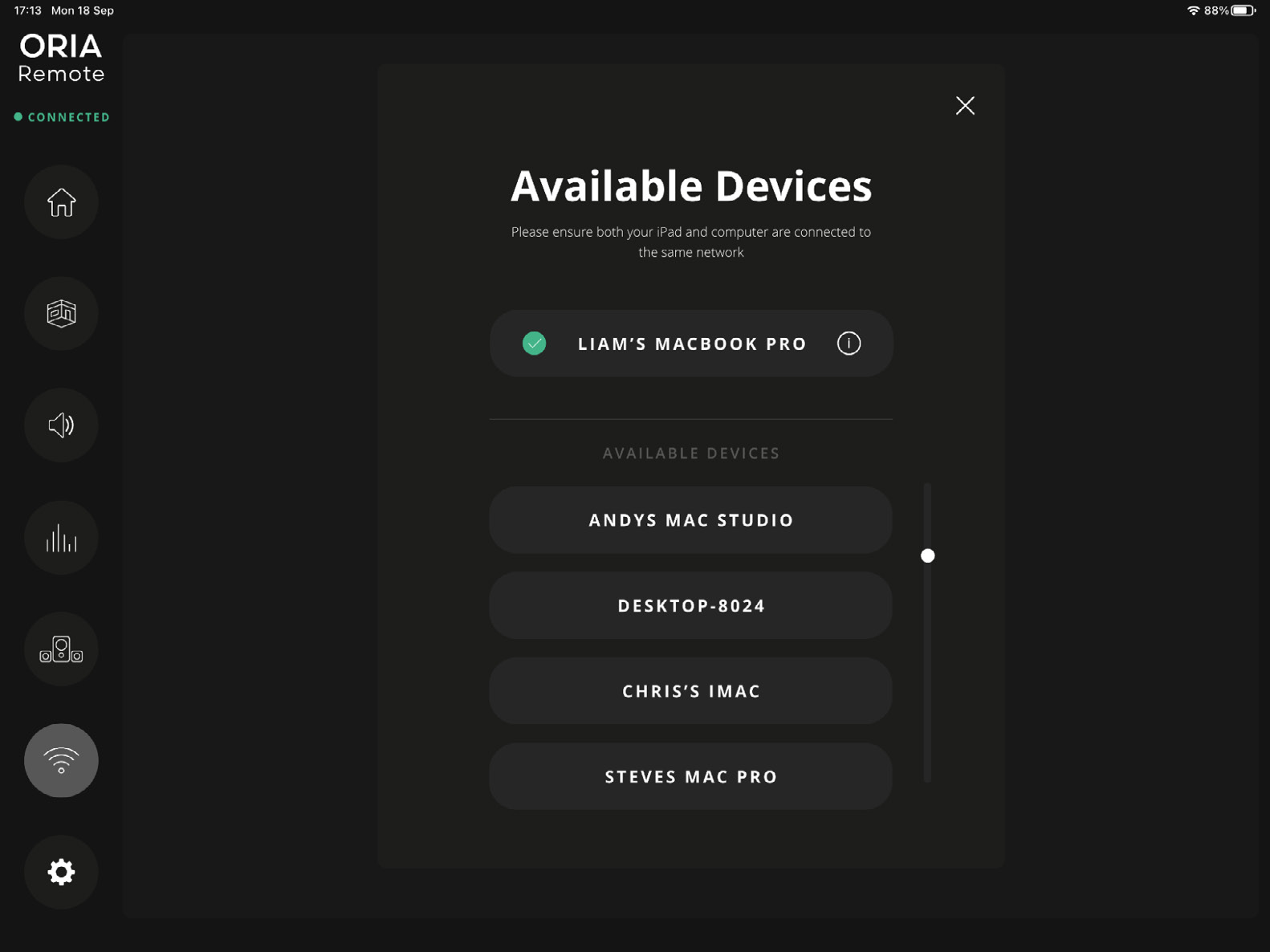 Página Connection do ORIA Remote listando dispositivos disponíveis