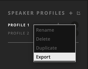 Opção Export no menu Profile do ORIA Control