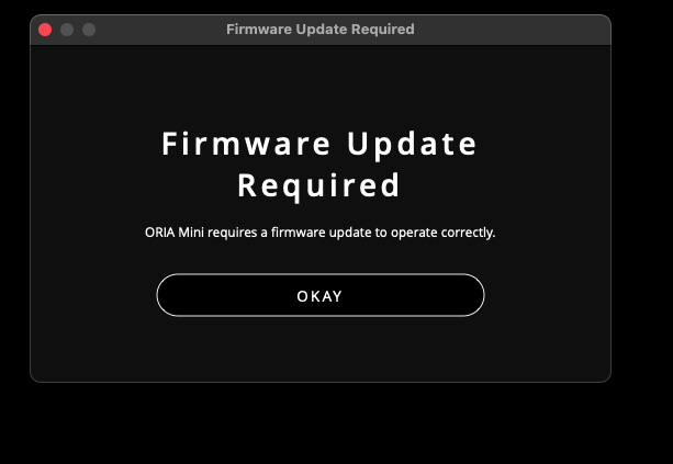 Mensagem Firmware Update Required no ORIA Control