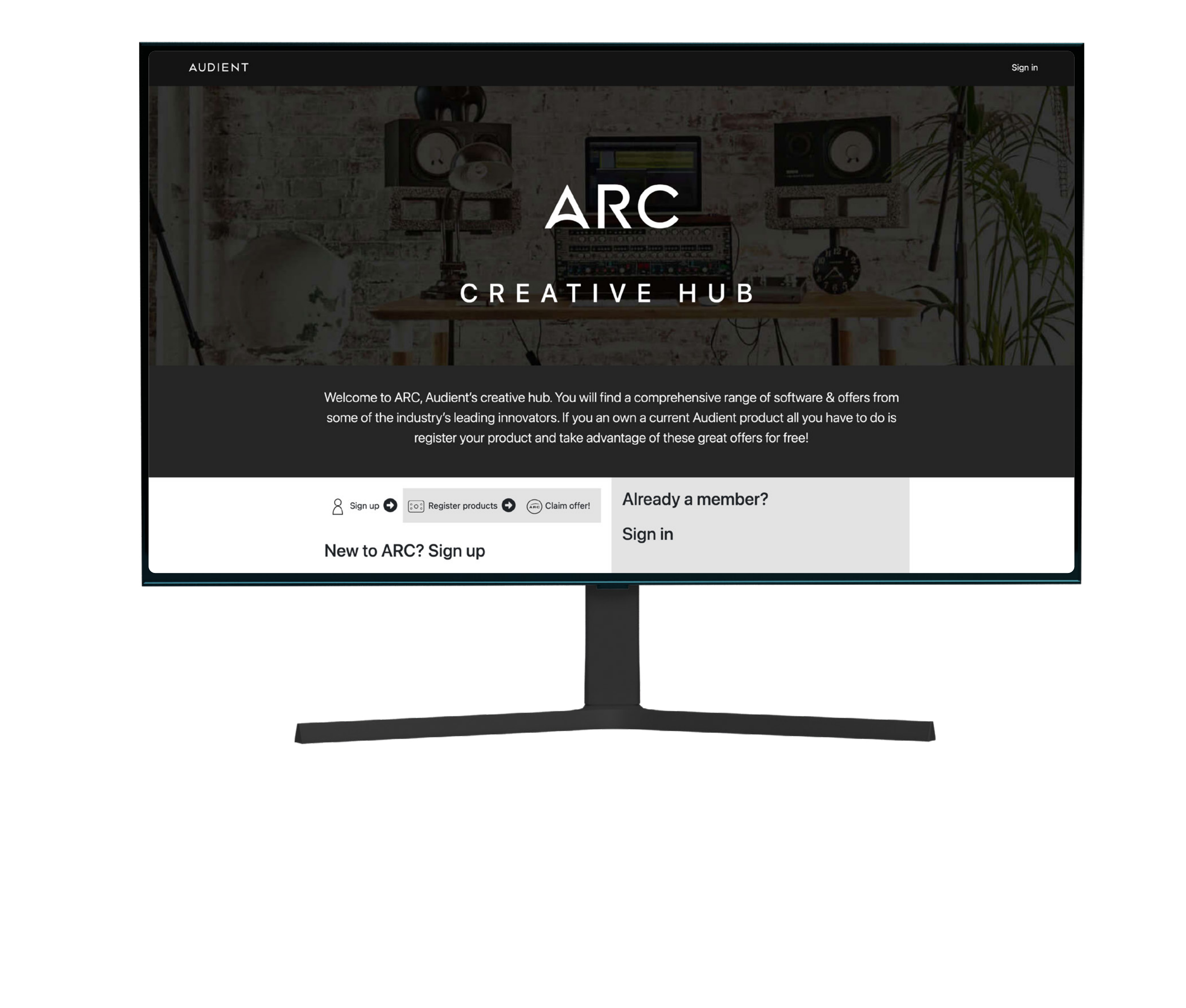 Página de registro do Audient ARC exibida em um monitor