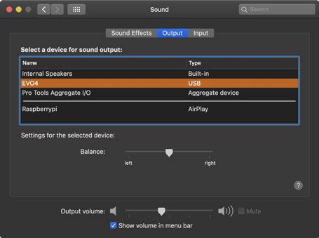 Configurações de Sound do macOS com EVO 4 selecionado como dispositivo de áudio