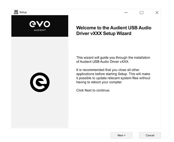 Assistente de configuração Audient USB Audio Driver no Windows