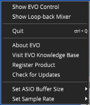Menu do aplicativo EVO no Windows