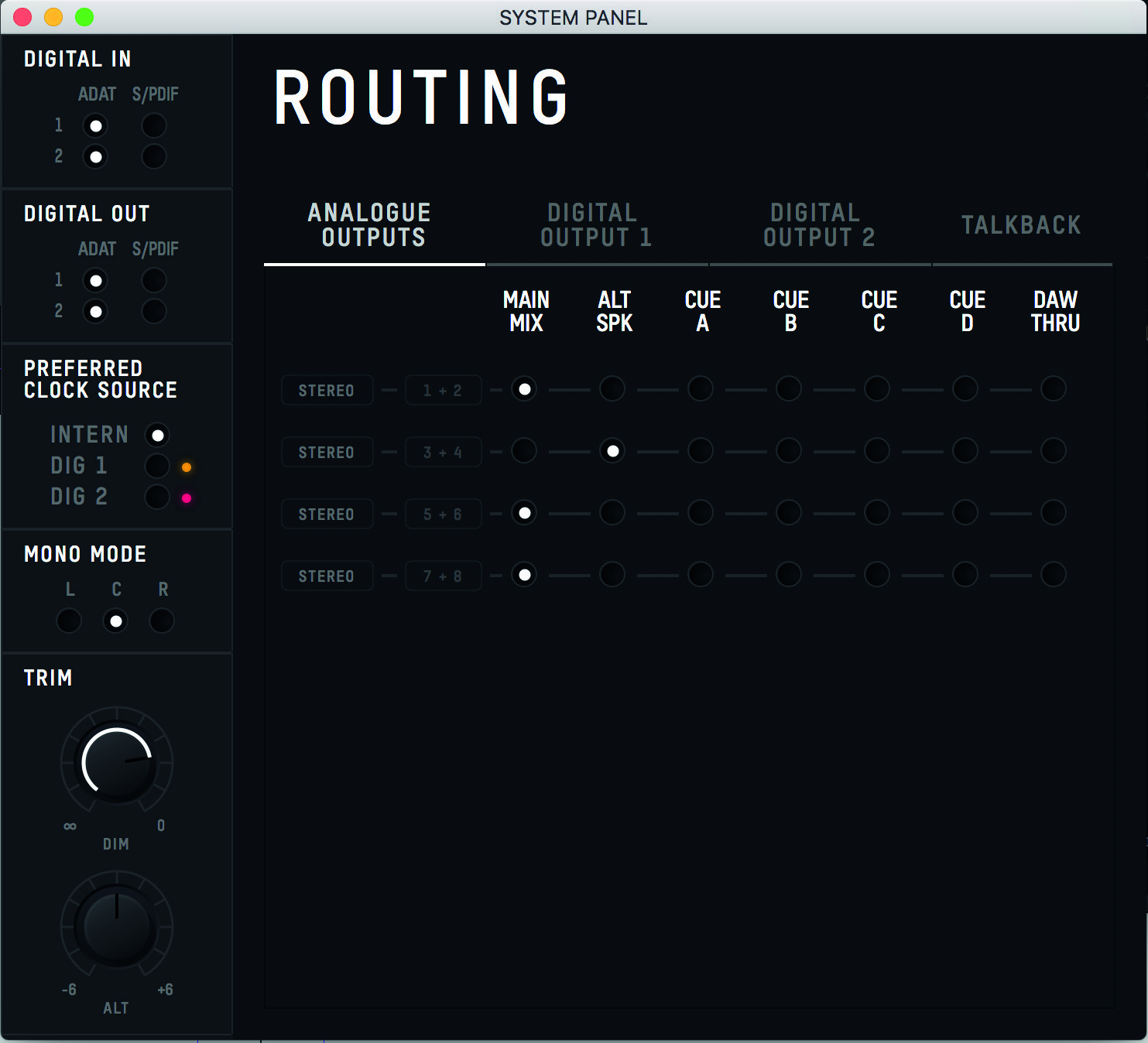 Visualização de routing no System Panel do iD44 MKII