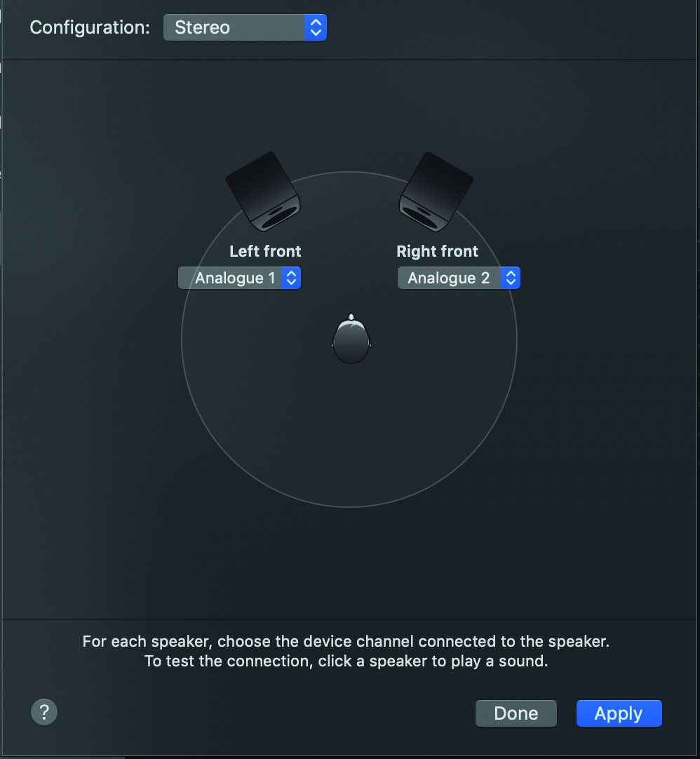 Exemplo antigo de configuração de speaker do macOS selecionando canais de saída do iD44