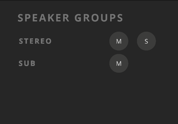 Controles dos Speaker Groups Stereo e Sub no ORIA Control
