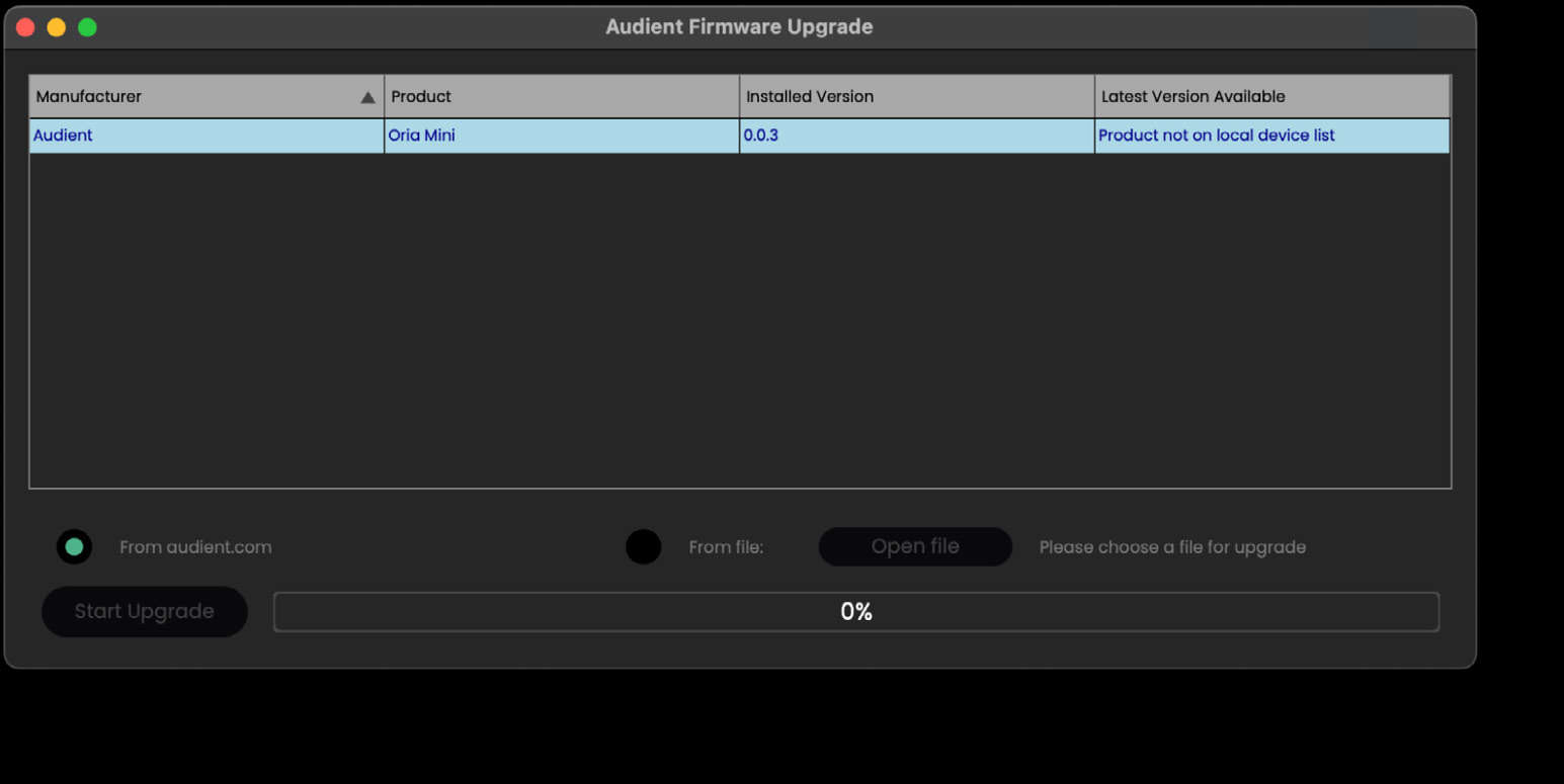 Audient Firmware Upgrade 软件，已选择 ORIA Mini