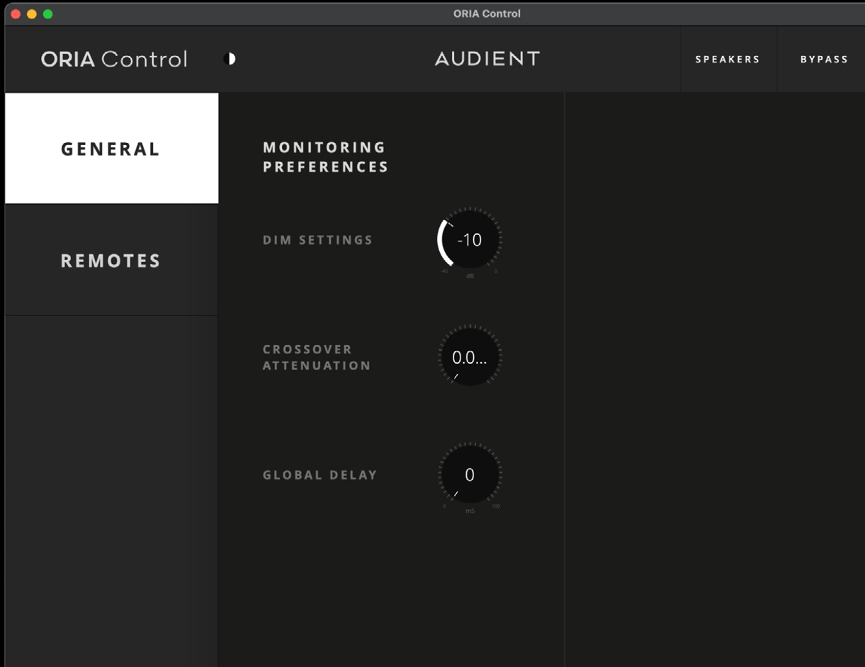 ORIA Control General System 面板，包含 DIM Trim、Crossover Attenuation 和 Global Delay 控件
