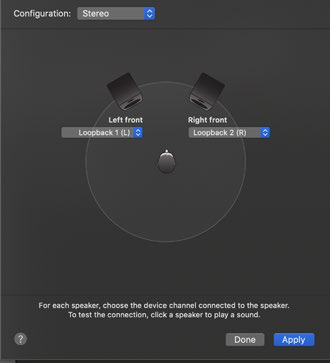 macOS 扬声器分配窗口，其中已选择 Loopback 1 和 Loopback 2