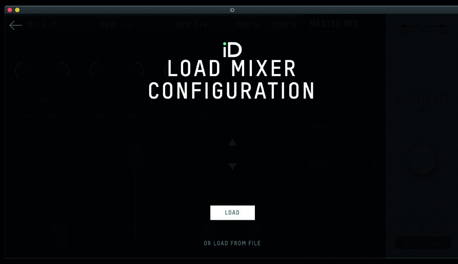 iD 应用程序中的 Load Mixer Configuration 窗口